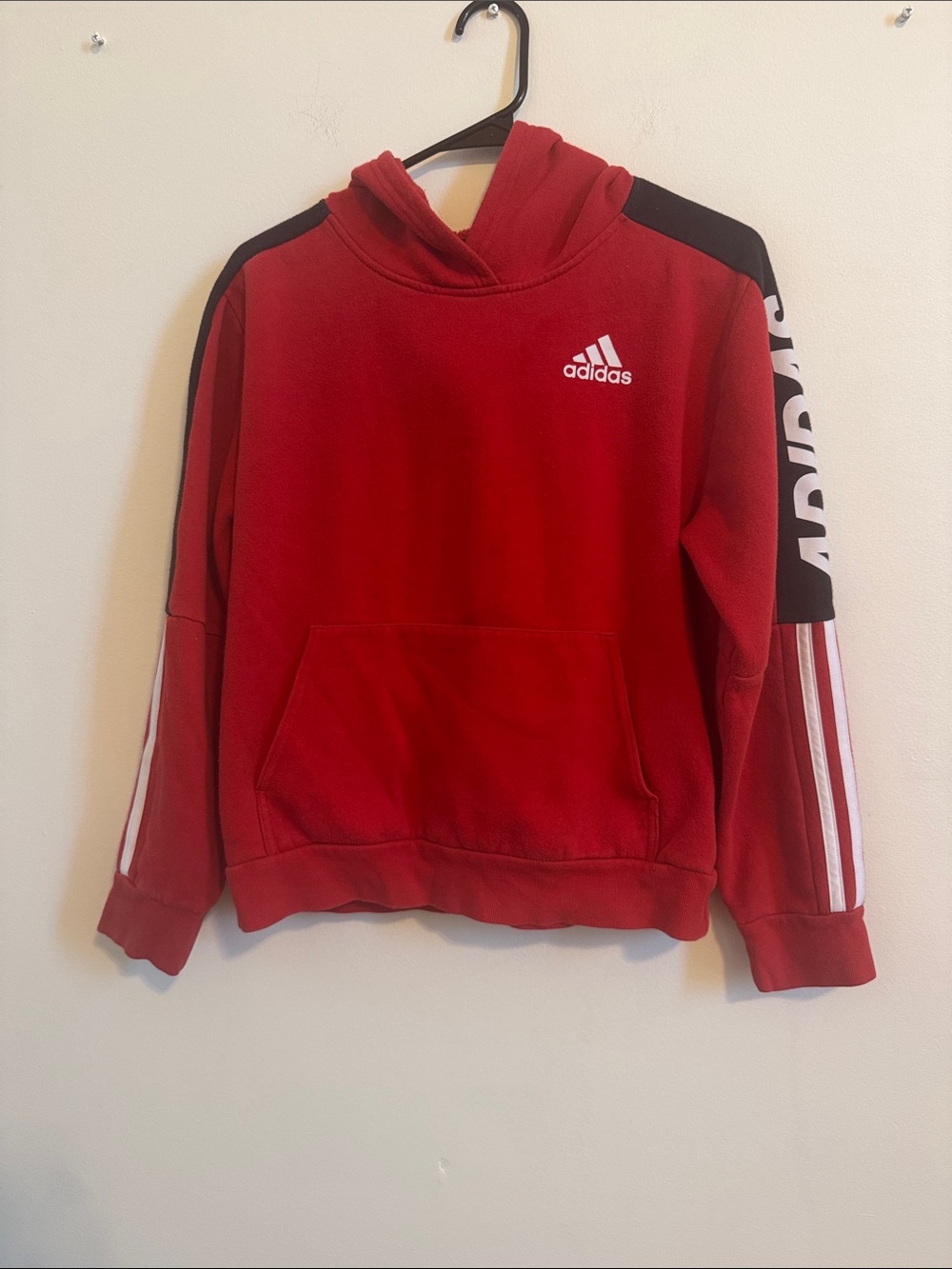 adidas Red Kids Hoodie with Black Shoulder Panels